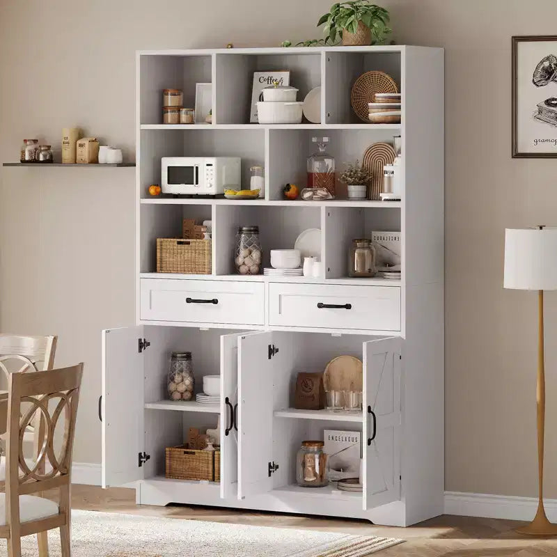 Bibliothèque haute de 180 cm avec 2 tiroirs et 4 portes, grande étagère de rangement moderne à 6 niveaux de 120 cm de large avec étagères pour salon, bureau à domicile