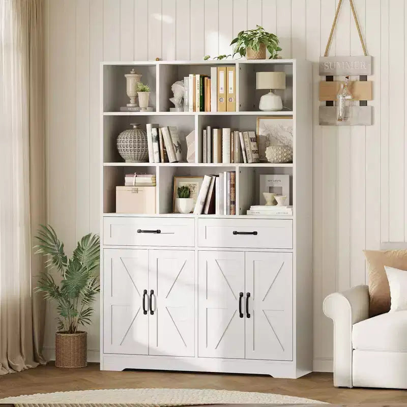 Bibliothèque haute de 180 cm avec 2 tiroirs et 4 portes, grande étagère de rangement moderne à 6 niveaux de 120 cm de large avec étagères pour salon, bureau à domicile