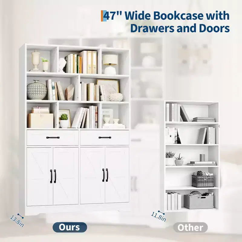 Bibliothèque haute de 180 cm avec 2 tiroirs et 4 portes, grande étagère de rangement moderne à 6 niveaux de 120 cm de large avec étagères pour salon, bureau à domicile
