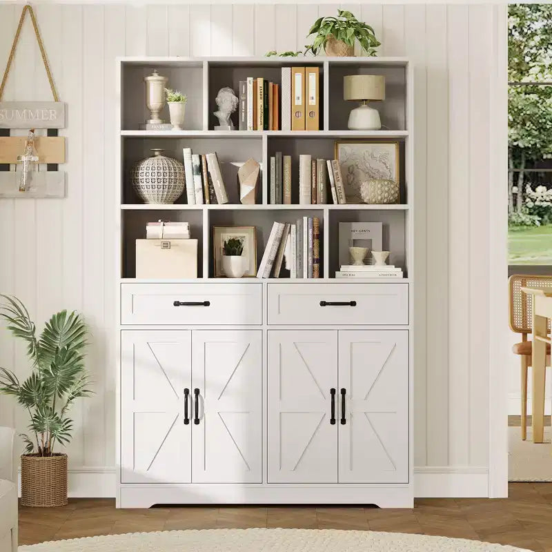 Bibliothèque haute de 180 cm avec 2 tiroirs et 4 portes, grande étagère de rangement moderne à 6 niveaux de 120 cm de large avec étagères pour salon, bureau à domicile