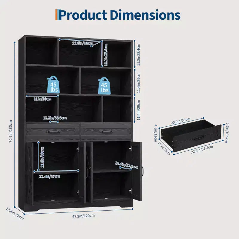 Bibliothèque haute de 180 cm avec 2 tiroirs et 4 portes, grande étagère de rangement moderne à 6 niveaux de 120 cm de large avec étagères pour salon, bureau à domicile