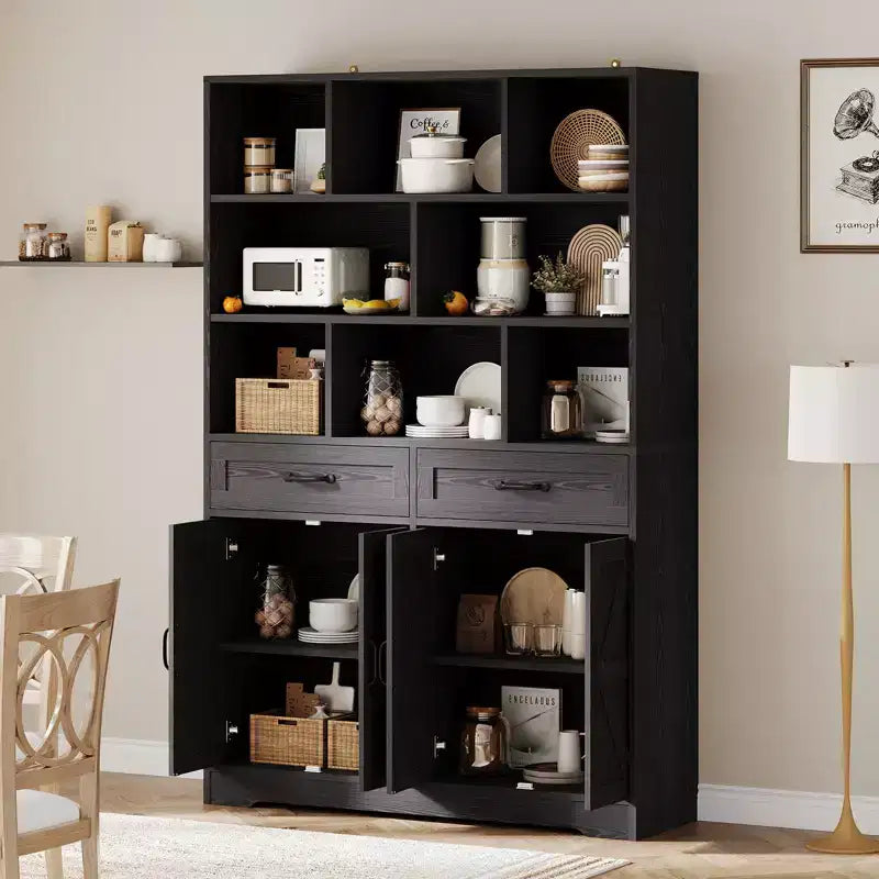 Bibliothèque haute de 180 cm avec 2 tiroirs et 4 portes, grande étagère de rangement moderne à 6 niveaux de 120 cm de large avec étagères pour salon, bureau à domicile