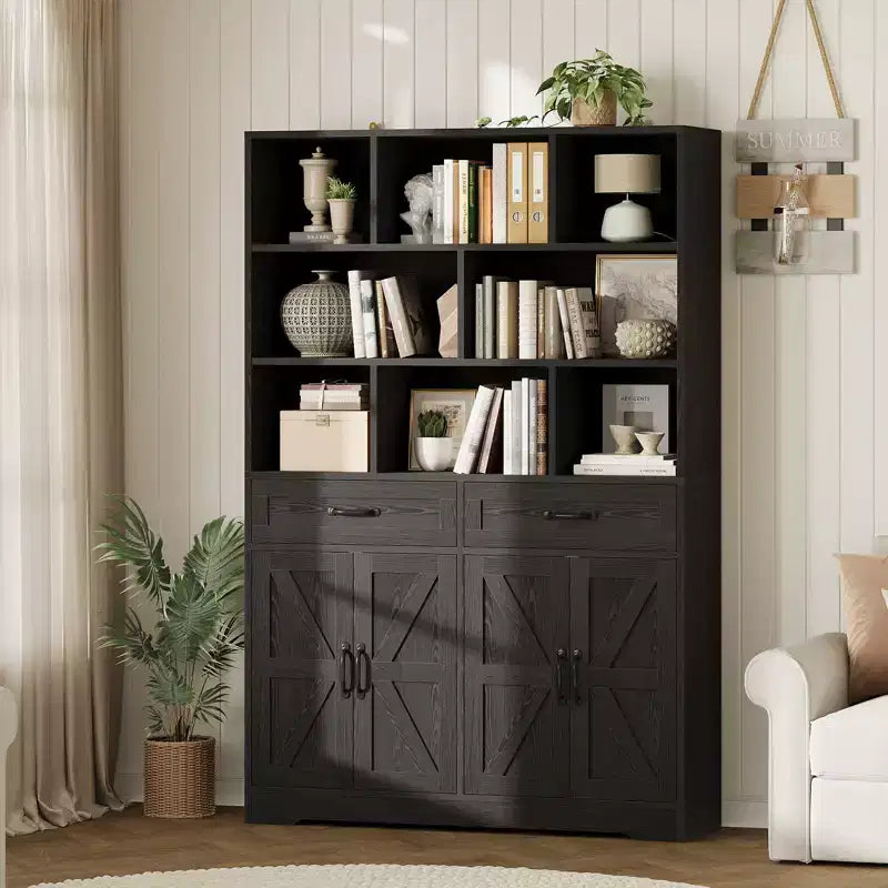 Bibliothèque haute de 180 cm avec 2 tiroirs et 4 portes, grande étagère de rangement moderne à 6 niveaux de 120 cm de large avec étagères pour salon, bureau à domicile