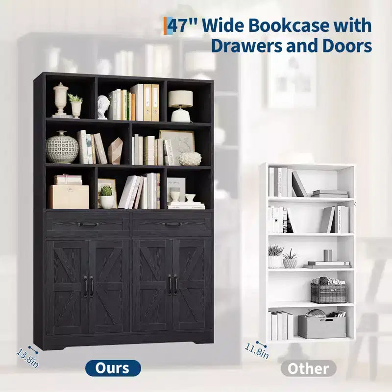 Bibliothèque haute de 180 cm avec 2 tiroirs et 4 portes, grande étagère de rangement moderne à 6 niveaux de 120 cm de large avec étagères pour salon, bureau à domicile