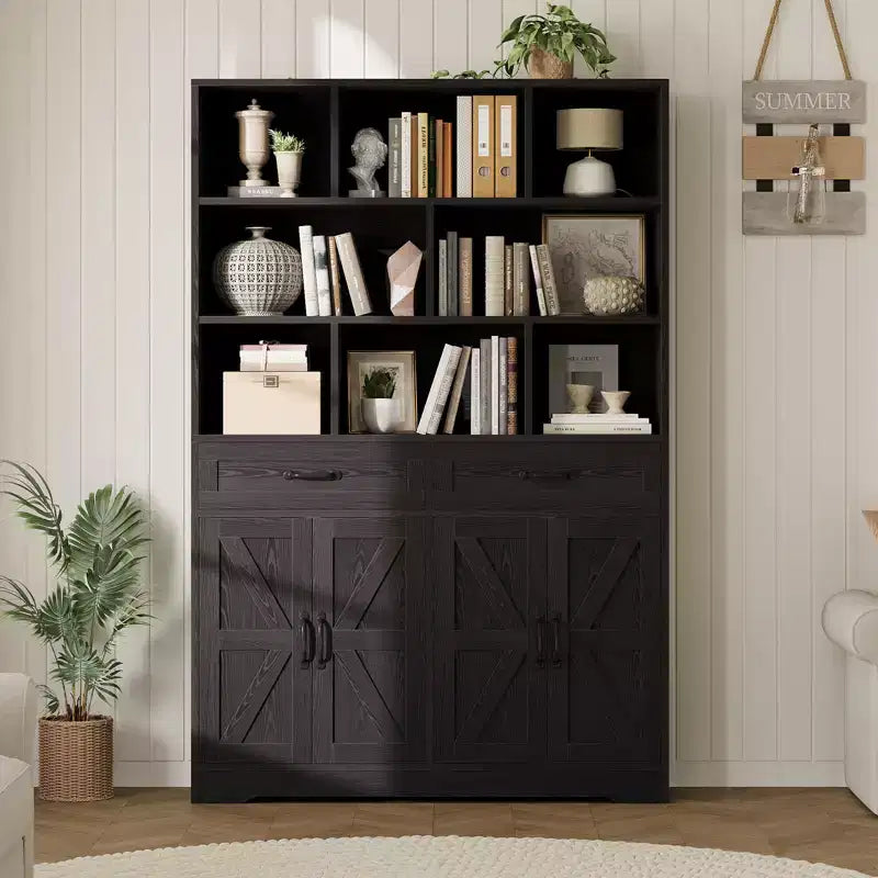 Bibliothèque haute de 180 cm avec 2 tiroirs et 4 portes, grande étagère de rangement moderne à 6 niveaux de 120 cm de large avec étagères pour salon, bureau à domicile