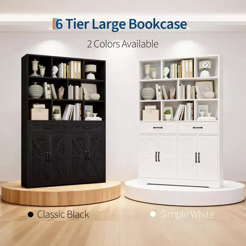 Bibliothèque haute de 180 cm avec 2 tiroirs et 4 portes, grande étagère de rangement moderne à 6 niveaux de 120 cm de large avec étagères pour salon, bureau à domicile