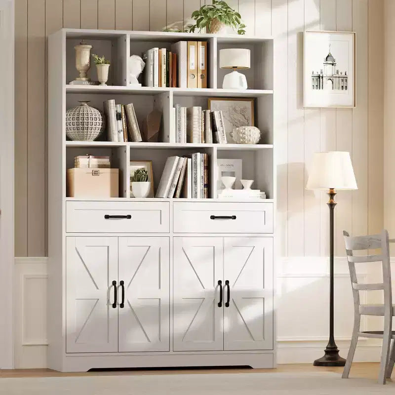 Bibliothèque haute de 180 cm avec 2 tiroirs et 4 portes, grande étagère de rangement moderne à 6 niveaux de 120 cm de large avec étagères pour salon, bureau à domicile