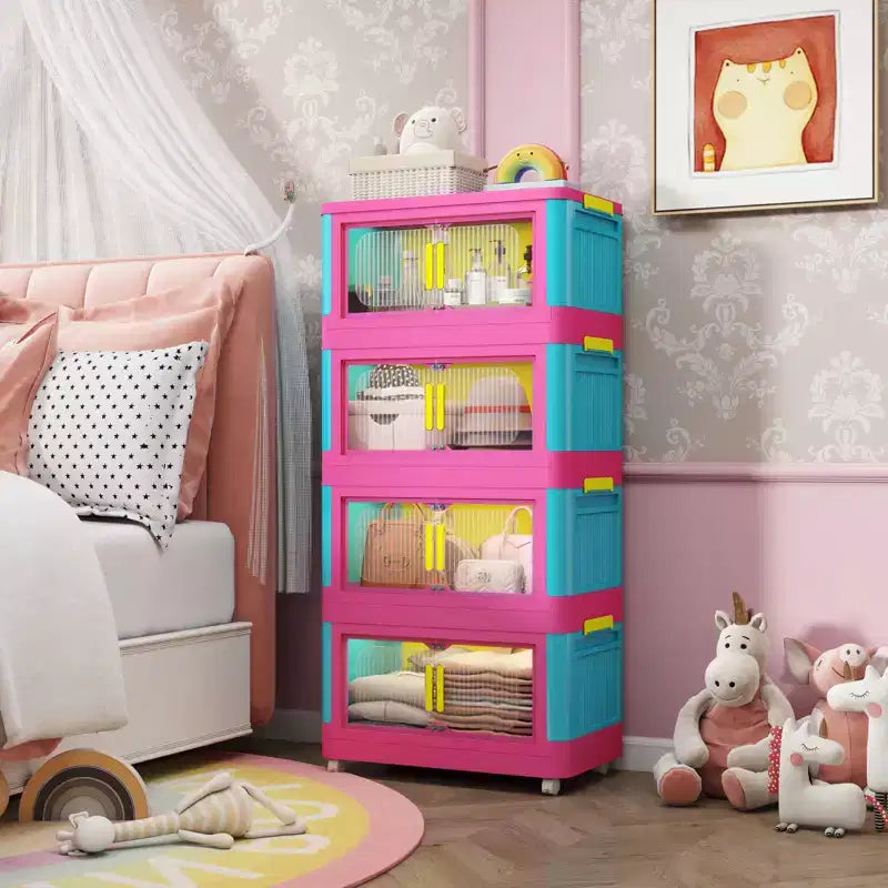 JVNOXK 20-inch 4-Tier Folding Storage Cabinet 4 compartments, magnetic-door storage bins Plastic storage cabinet with wheels Blue and pink