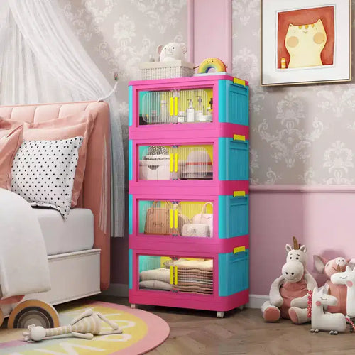 JVNOXK 20-inch 4-Tier Folding Storage Cabinet 4 compartments, magnetic-door storage bins Plastic storage cabinet with wheels Blue and pink