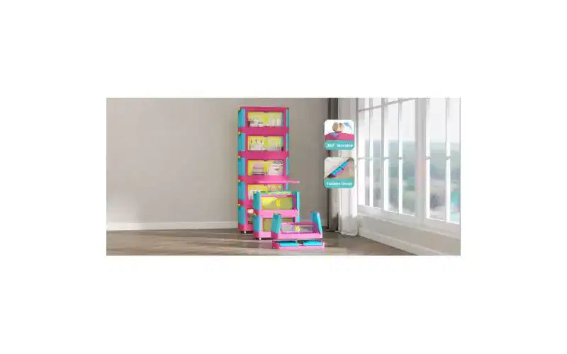 Meuble de rangement pliant à 4 niveaux de 20 pouces, 4 compartiments, bacs de rangement à porte magnétique Meuble de rangement en plastique avec roulettes Bleu et rose
