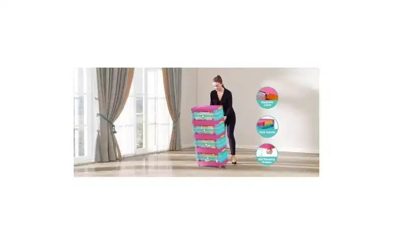Meuble de rangement pliant à 4 niveaux de 20 pouces, 4 compartiments, bacs de rangement à porte magnétique Meuble de rangement en plastique avec roulettes Bleu et rose