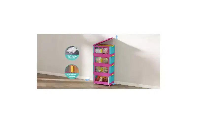 Meuble de rangement pliant à 4 niveaux de 20 pouces, 4 compartiments, bacs de rangement à porte magnétique Meuble de rangement en plastique avec roulettes Bleu et rose