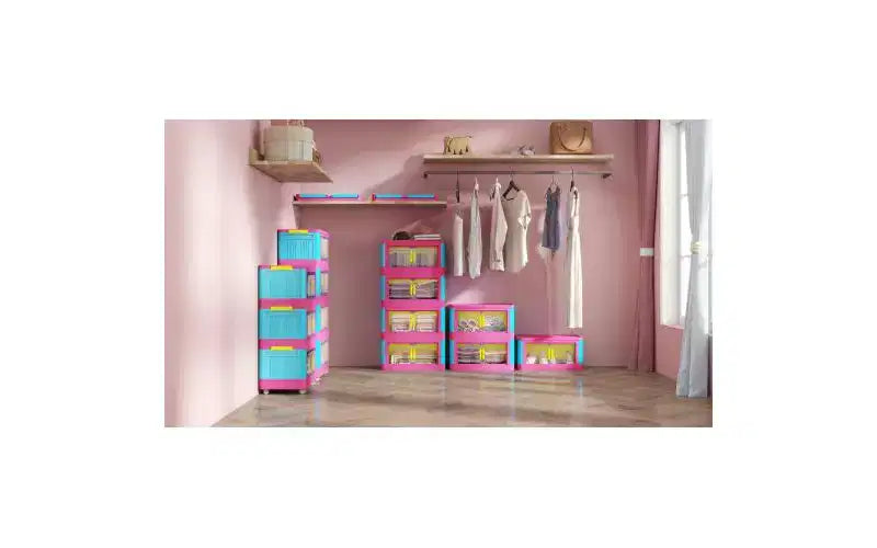 Meuble de rangement pliant à 4 niveaux de 20 pouces, 4 compartiments, bacs de rangement à porte magnétique Meuble de rangement en plastique avec roulettes Bleu et rose