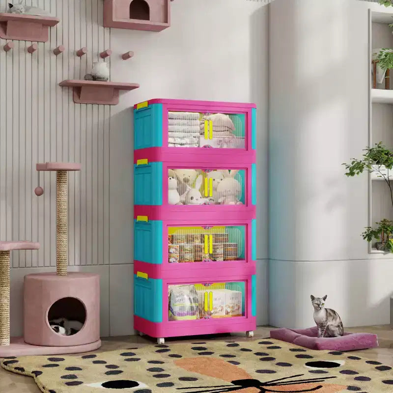 Meuble de rangement pliant à 4 niveaux de 20 pouces, 4 compartiments, bacs de rangement à porte magnétique Meuble de rangement en plastique avec roulettes Bleu et rose