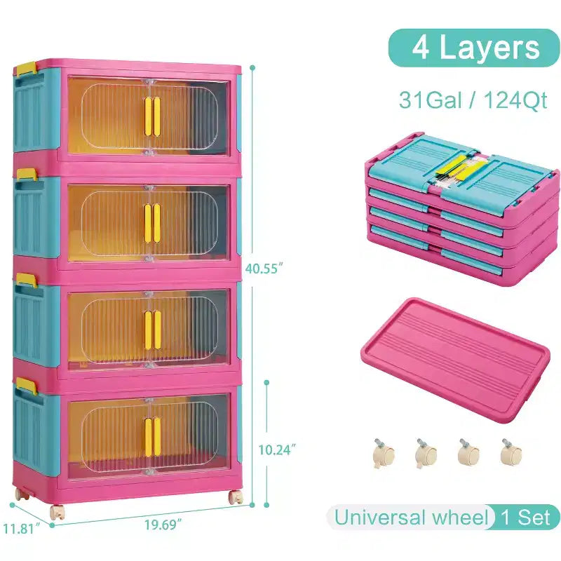 Meuble de rangement pliant à 4 niveaux de 20 pouces, 4 compartiments, bacs de rangement à porte magnétique Meuble de rangement en plastique avec roulettes Bleu et rose