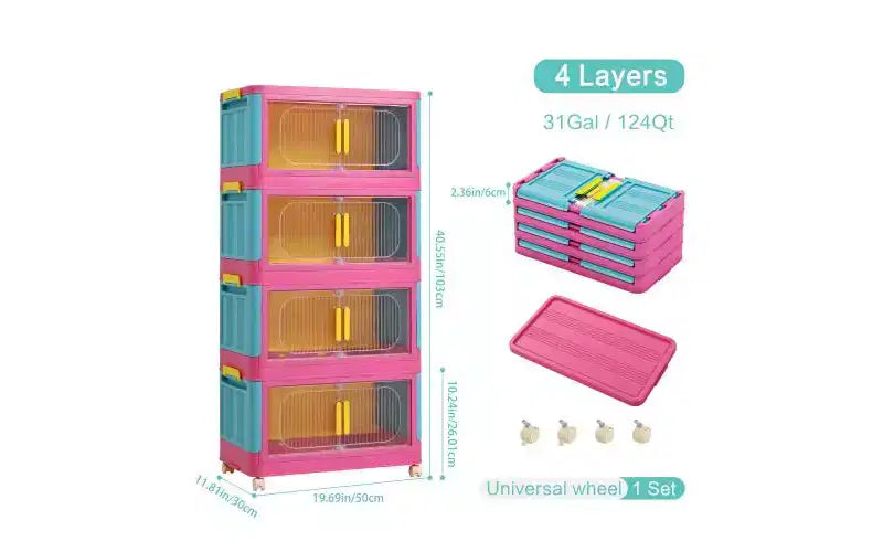 Meuble de rangement pliant à 4 niveaux de 20 pouces, 4 compartiments, bacs de rangement à porte magnétique Meuble de rangement en plastique avec roulettes Bleu et rose