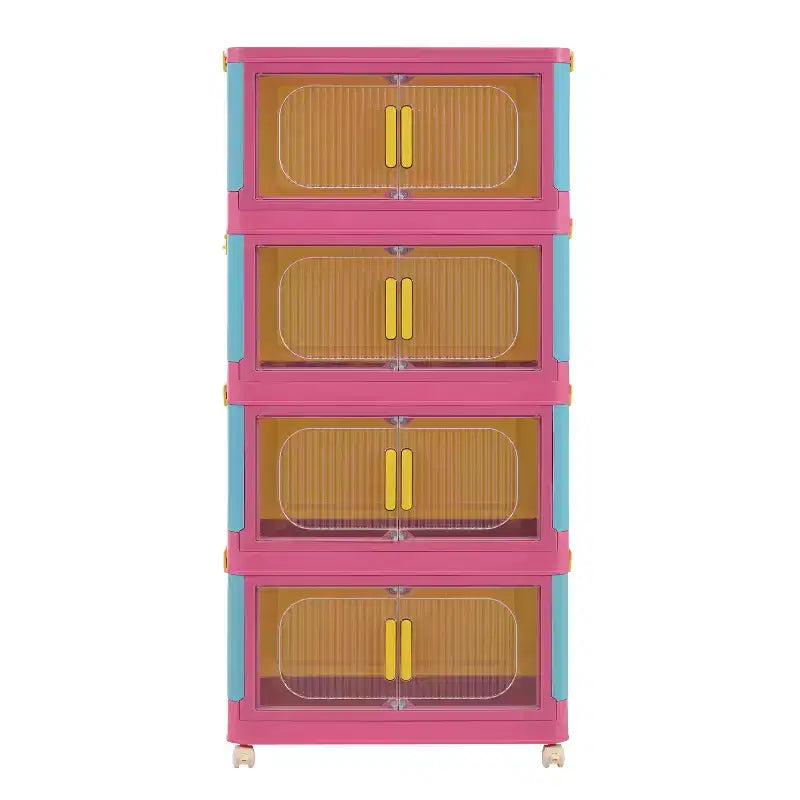 Meuble de rangement pliant à 4 niveaux de 20 pouces, 4 compartiments, bacs de rangement à porte magnétique Meuble de rangement en plastique avec roulettes Bleu et rose