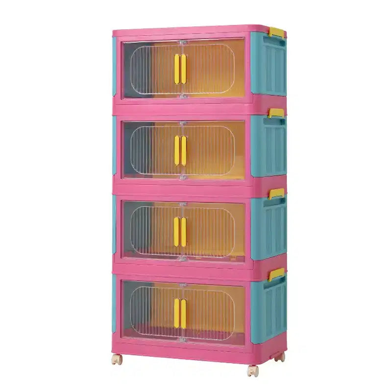 Meuble de rangement pliant à 4 niveaux de 20 pouces, 4 compartiments, bacs de rangement à porte magnétique Meuble de rangement en plastique avec roulettes Bleu et rose