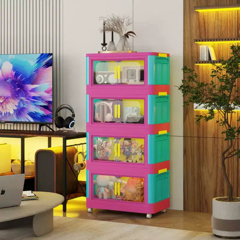 Meuble de rangement pliant à 4 niveaux de 20 pouces, 4 compartiments, bacs de rangement à porte magnétique Meuble de rangement en plastique avec roulettes Bleu et rose