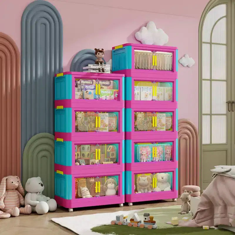 Meuble de rangement pliant à 4 niveaux de 20 pouces, 4 compartiments, bacs de rangement à porte magnétique Meuble de rangement en plastique avec roulettes Bleu et rose