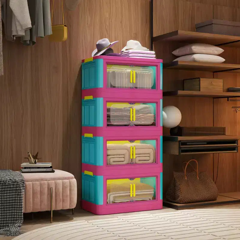 Meuble de rangement pliant à 4 niveaux de 20 pouces, 4 compartiments, bacs de rangement à porte magnétique Meuble de rangement en plastique avec roulettes Bleu et rose