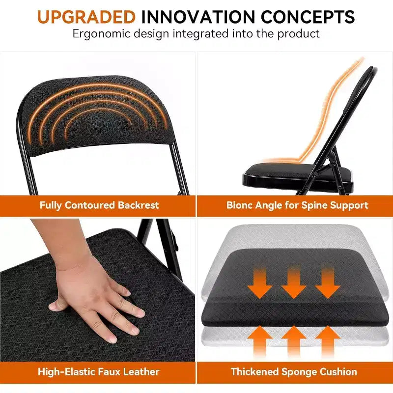 Lot de 4 chaises pliantes rembourrées en métal noir pour l'extérieur et l'intérieur