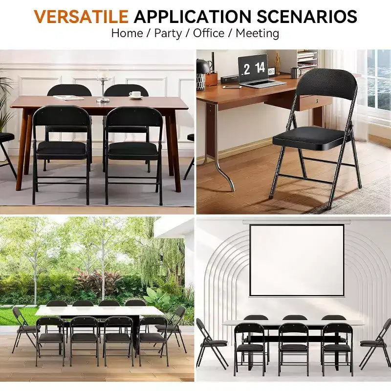 Lot de 4 chaises pliantes rembourrées en métal noir pour l'extérieur et l'intérieur
